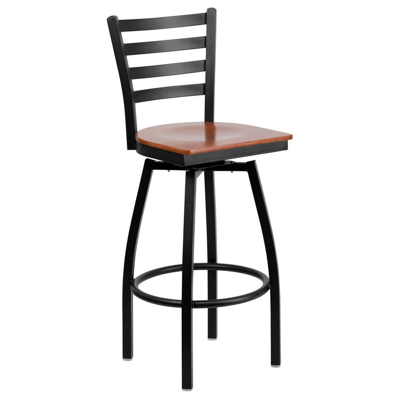 Black Ladder Back Swivel Metal Barstool - Cherry Wood Seat