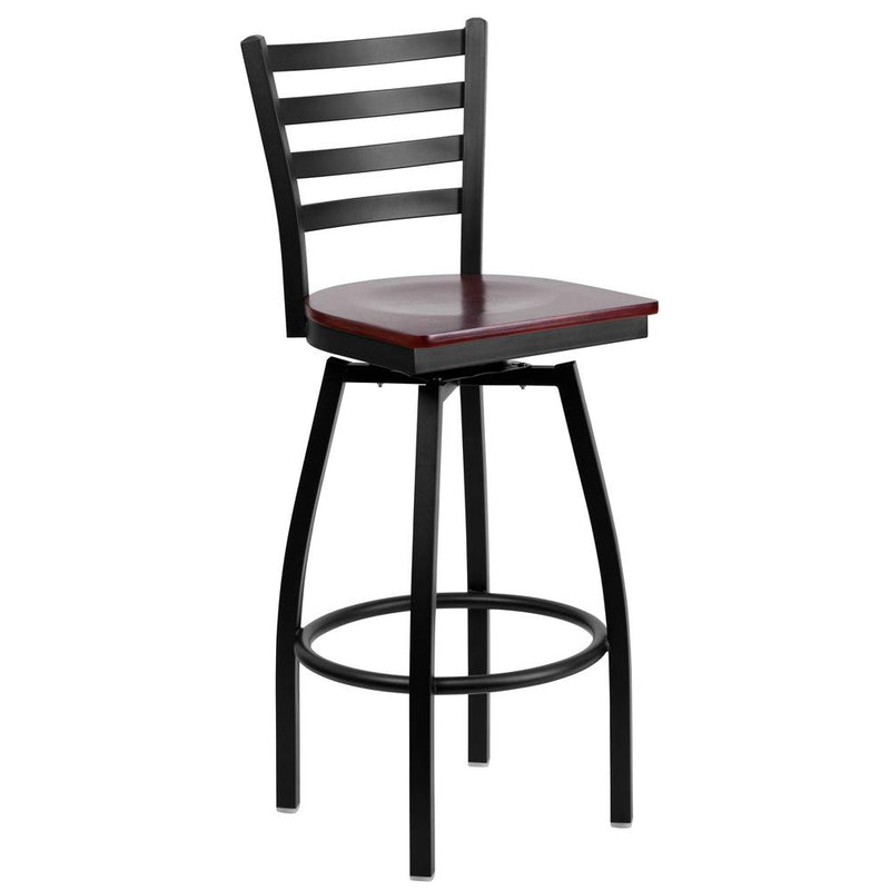 Black Ladder Back Swivel Metal Barstool - Mahogany Wood Seat