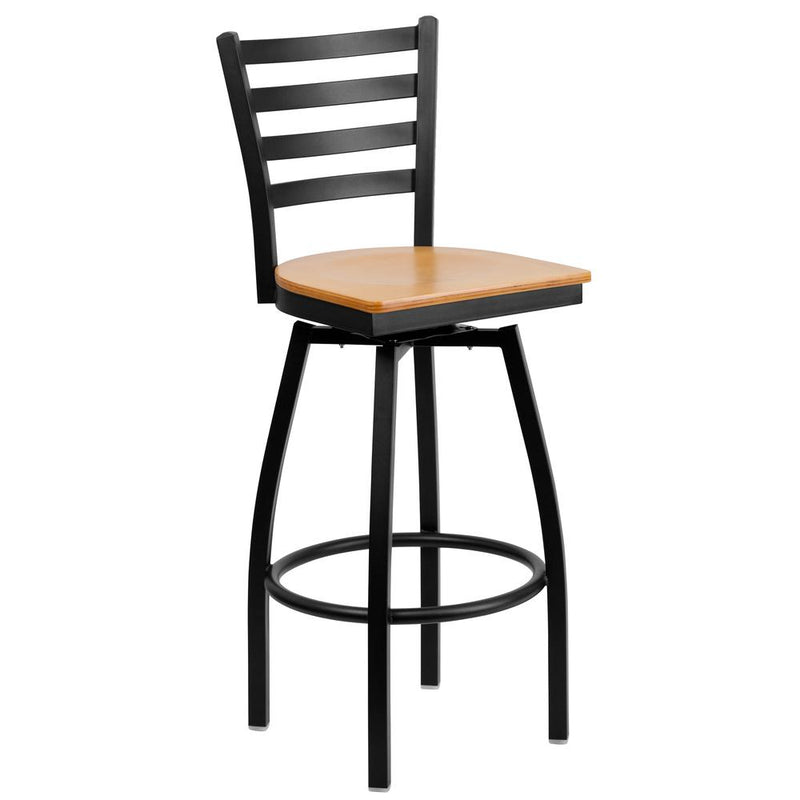 Black Ladder Back Swivel Metal Barstool - Natural Wood Seat