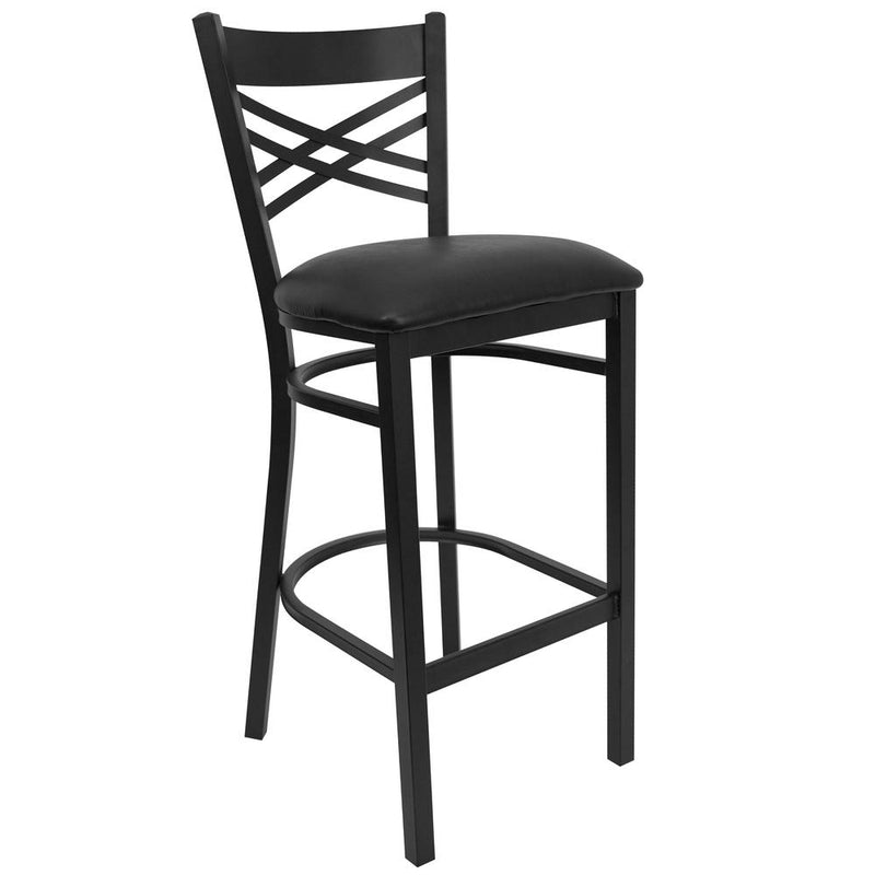 Black ''X'' Back Metal Restaurant Barstool - Black Vinyl Seat