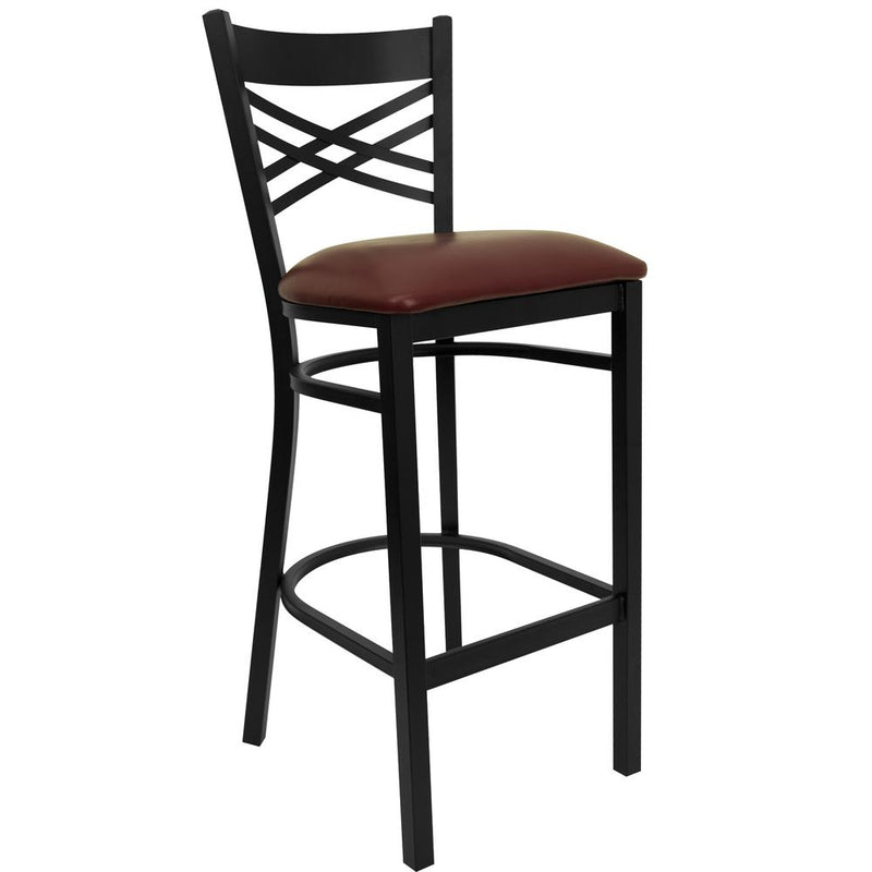 Black ''X'' Back Metal Restaurant Barstool - Burgundy Vinyl Seat