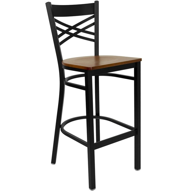 Black ''X'' Back Metal Restaurant Barstool - Cherry Wood Seat