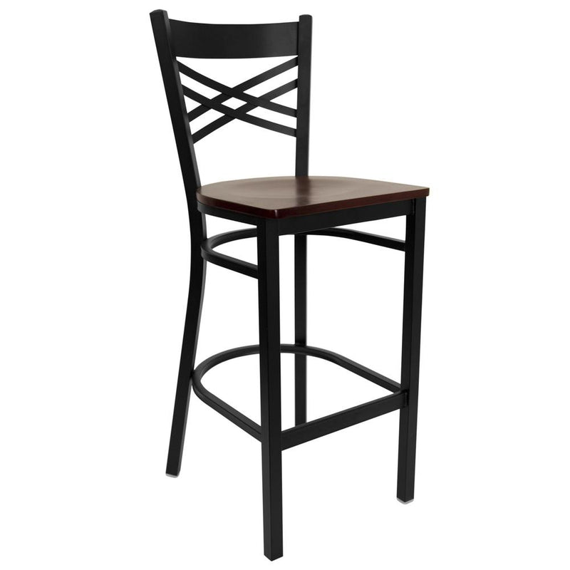 Black ''X'' Back Metal Restaurant Barstool - Mahogany Wood Seat