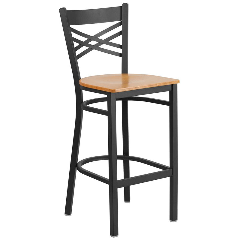 Black ''X'' Back Metal Restaurant Barstool - Natural Wood Seat