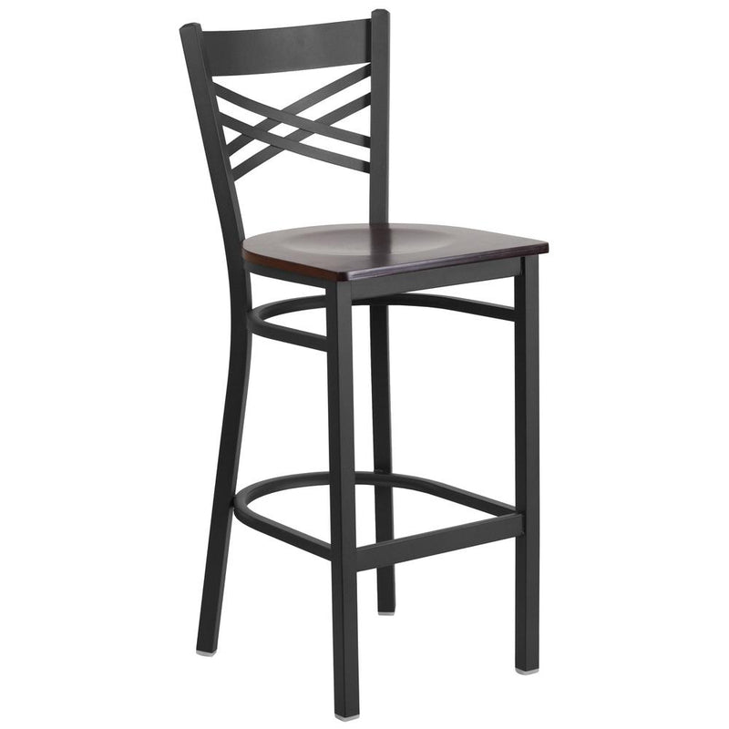 Black ''X'' Back Metal Restaurant Barstool - Walnut Wood Seat