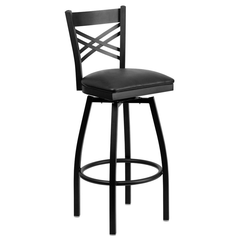 Black ''X'' Back Swivel Metal Barstool - Black Vinyl Seat