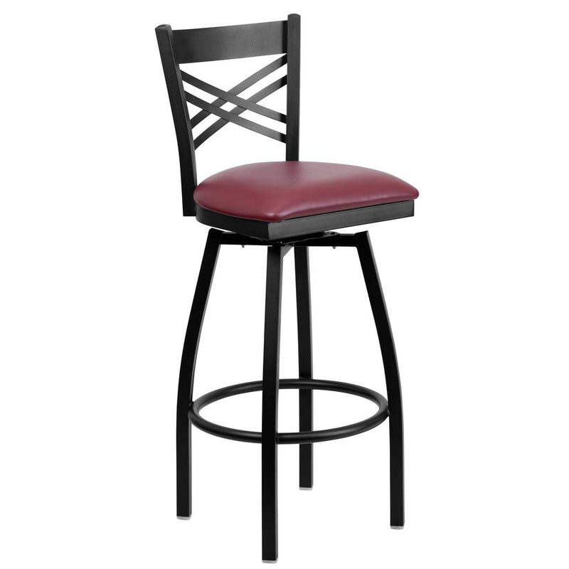 Black ''X'' Back Swivel Metal Barstool - Burgundy Vinyl Seat