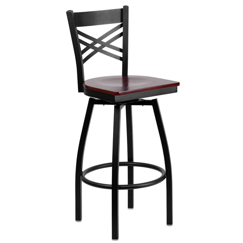 Black ''X'' Back Swivel Metal Barstool - Mahogany Wood Seat