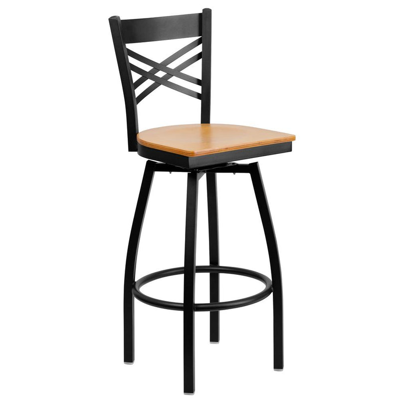 Black ''X'' Back Swivel Metal Barstool - Natural Wood Seat