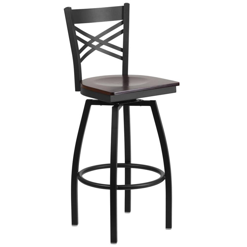 Black ''X'' Back Swivel Metal Barstool - Walnut Wood Seat