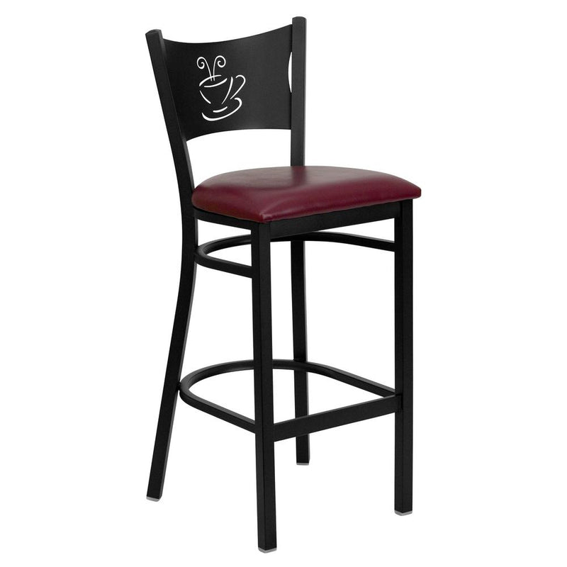 Black Coffee Back Metal Restaurant Barstool - Burgundy Vinyl Seat