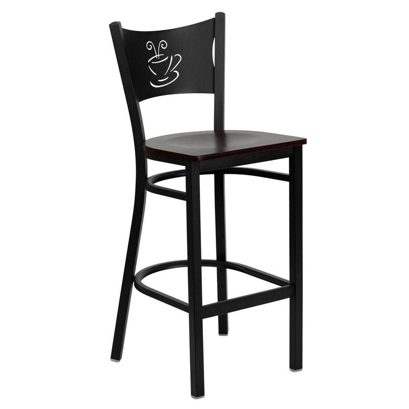 Black Coffee Back Metal Restaurant Barstool - Mahogany Wood Seat