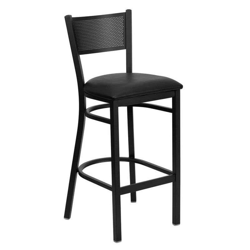 Black Grid Back Metal Restaurant Barstool - Black Vinyl Seat