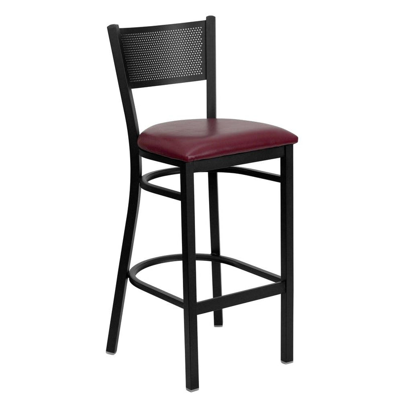 Black Grid Back Metal Restaurant Barstool - Burgundy Vinyl Seat