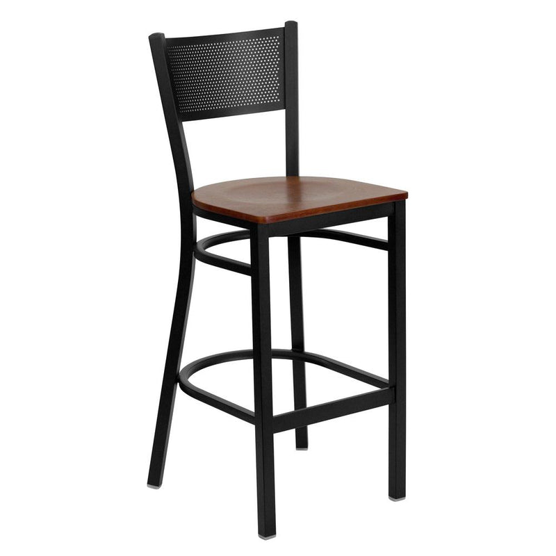 Black Grid Back Metal Restaurant Barstool - Cherry Wood Seat