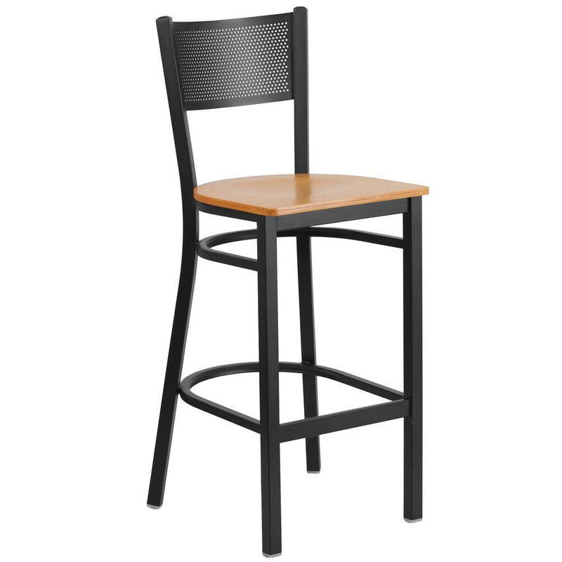 Black Grid Back Metal Restaurant Barstool - Natural Wood Seat