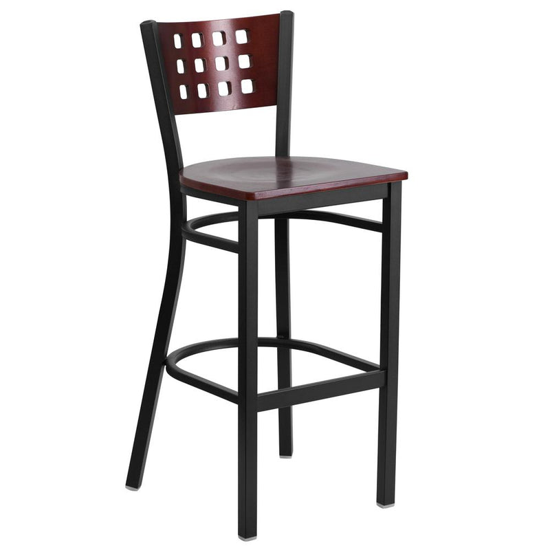 Black Cutout Back Metal Restaurant Barstool - Mahogany Wood Back & Seat