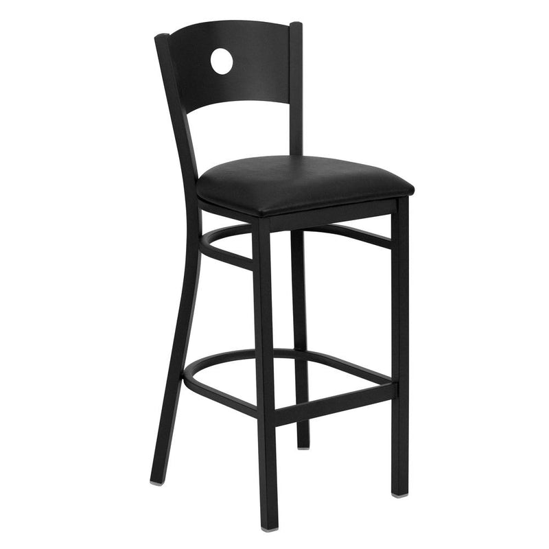 Black Circle Back Metal Restaurant Barstool - Black Vinyl Seat