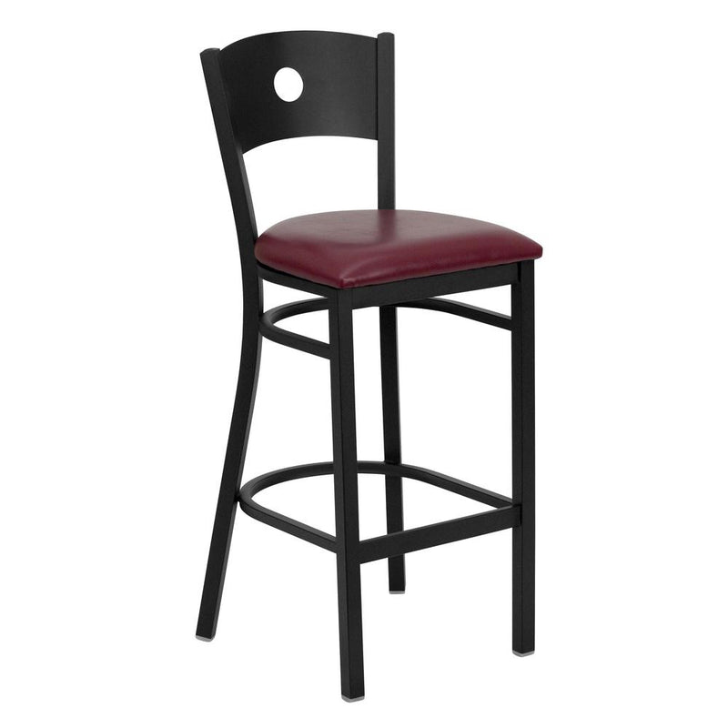 Black Circle Back Metal Restaurant Barstool - Burgundy Vinyl Seat