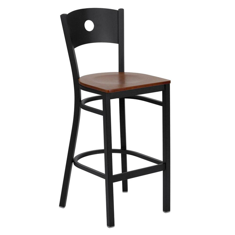 Black Circle Back Metal Restaurant Barstool - Cherry Wood Seat