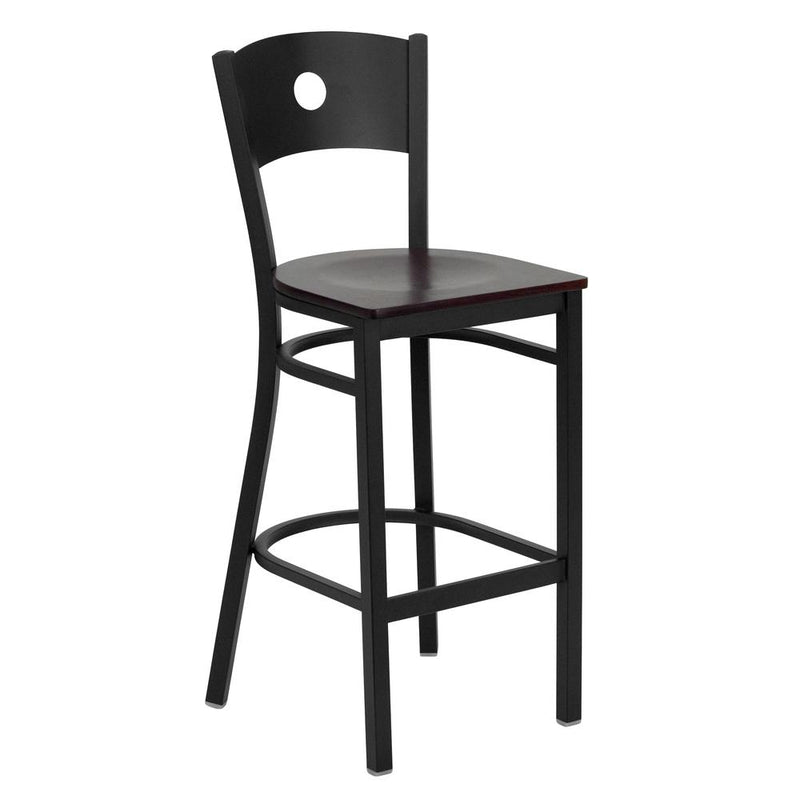 Black Circle Back Metal Restaurant Barstool - Mahogany Wood Seat