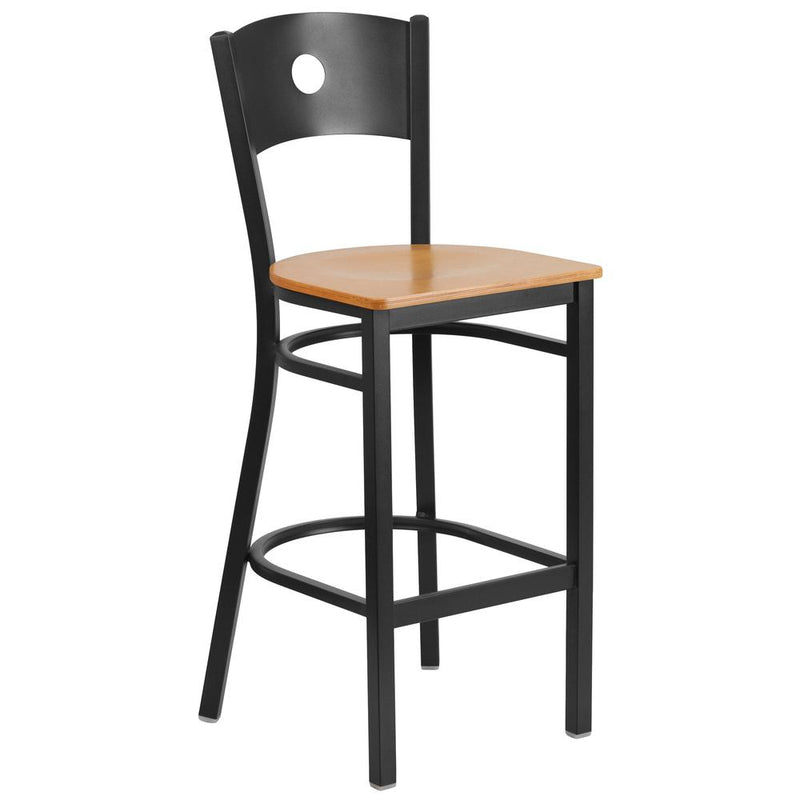 Black Circle Back Metal Restaurant Barstool - Natural Wood Seat