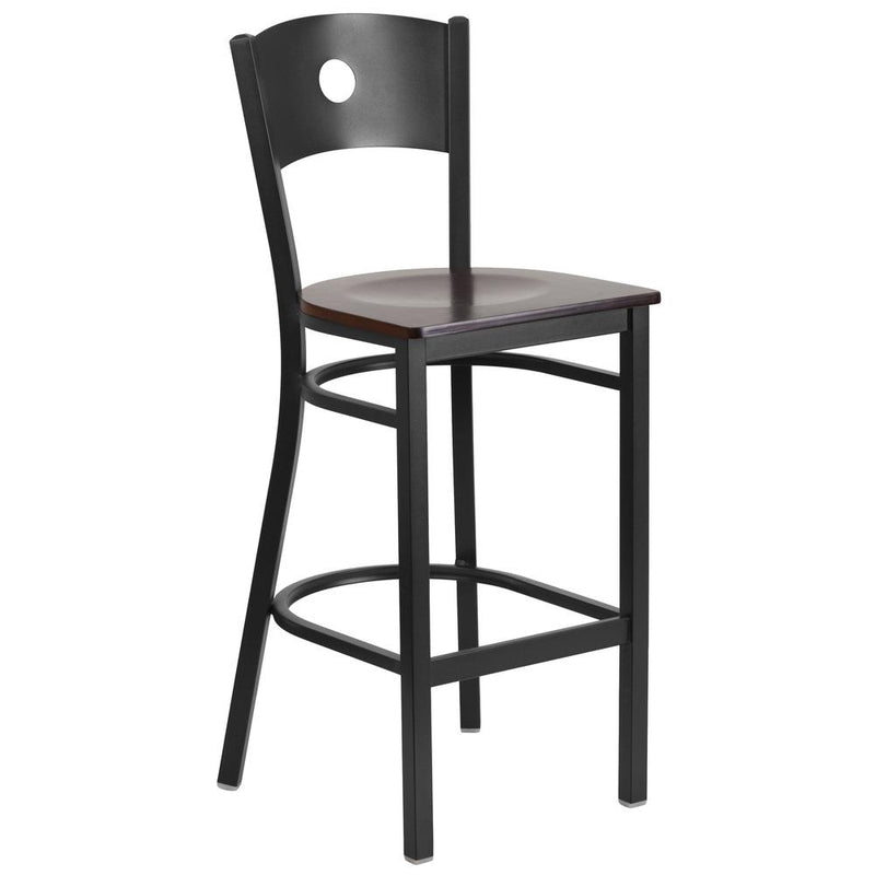 Black Circle Back Metal Restaurant Barstool - Walnut Wood Seat