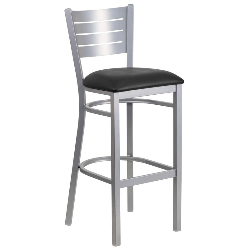 Silver Slat Back Metal Restaurant Barstool - Black Vinyl Seat