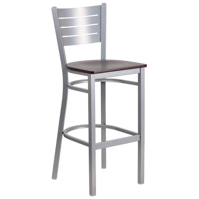 Silver Slat Back Metal Restaurant Barstool - Mahogany Wood Seat