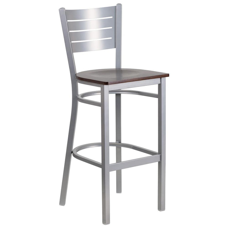 Silver Slat Back Metal Restaurant Barstool - Walnut Wood Seat