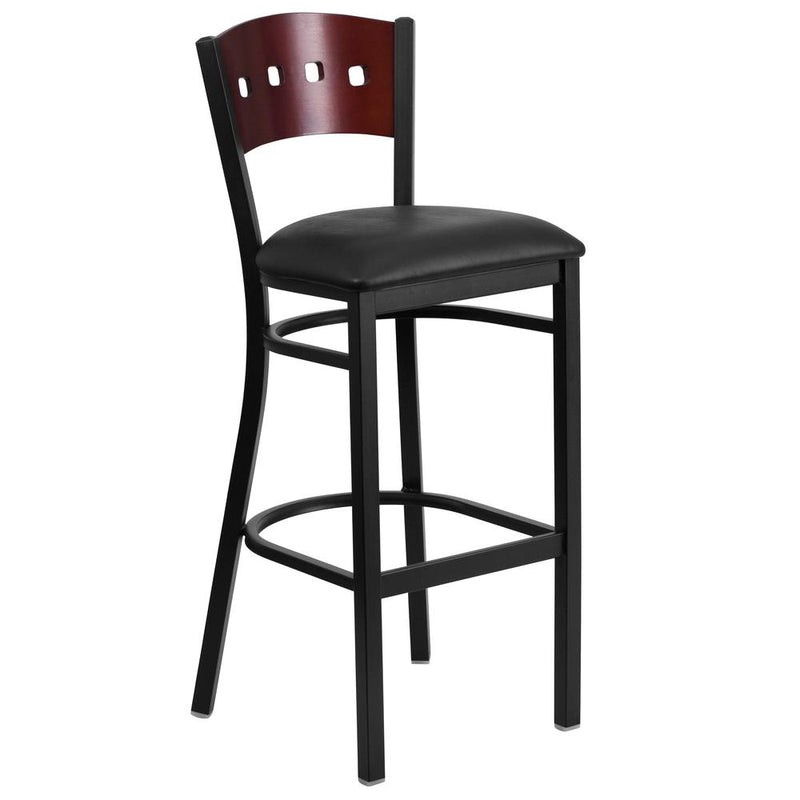 Black 4 Back Metal Restaurant Barstool - Mahogany Wood Back, Black Vinyl Seat