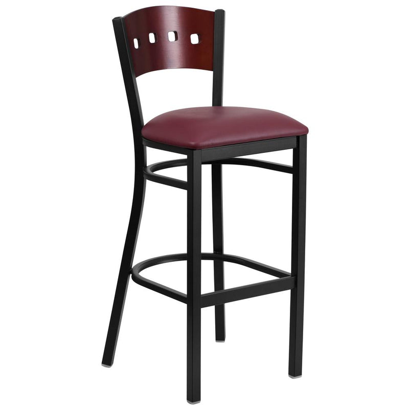 Black 4 Back Metal Restaurant Barstool - Mahogany Wood Back, Burgundy Vinyl Seat