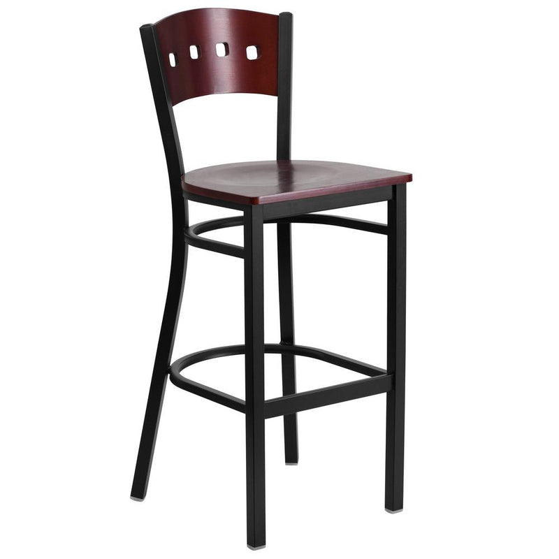 Black 4 Square Back Metal Restaurant Barstool - Mahogany Wood Back & Seat