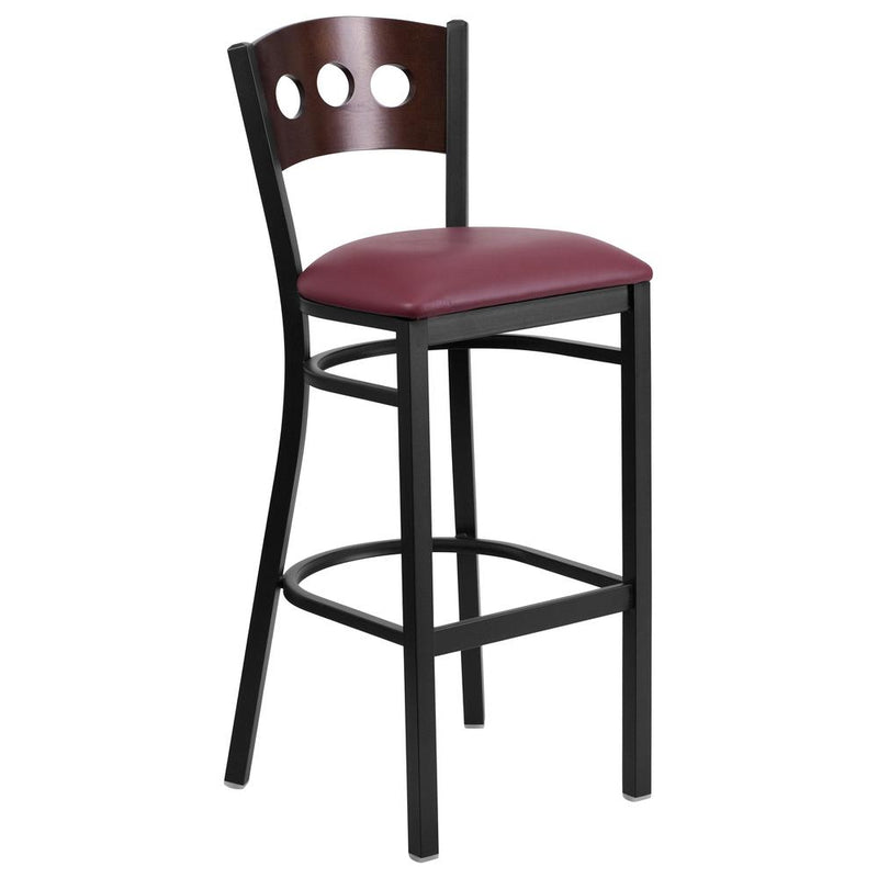 Black 3 Circle Back Metal Restaurant Barstool - Walnut Wood Back