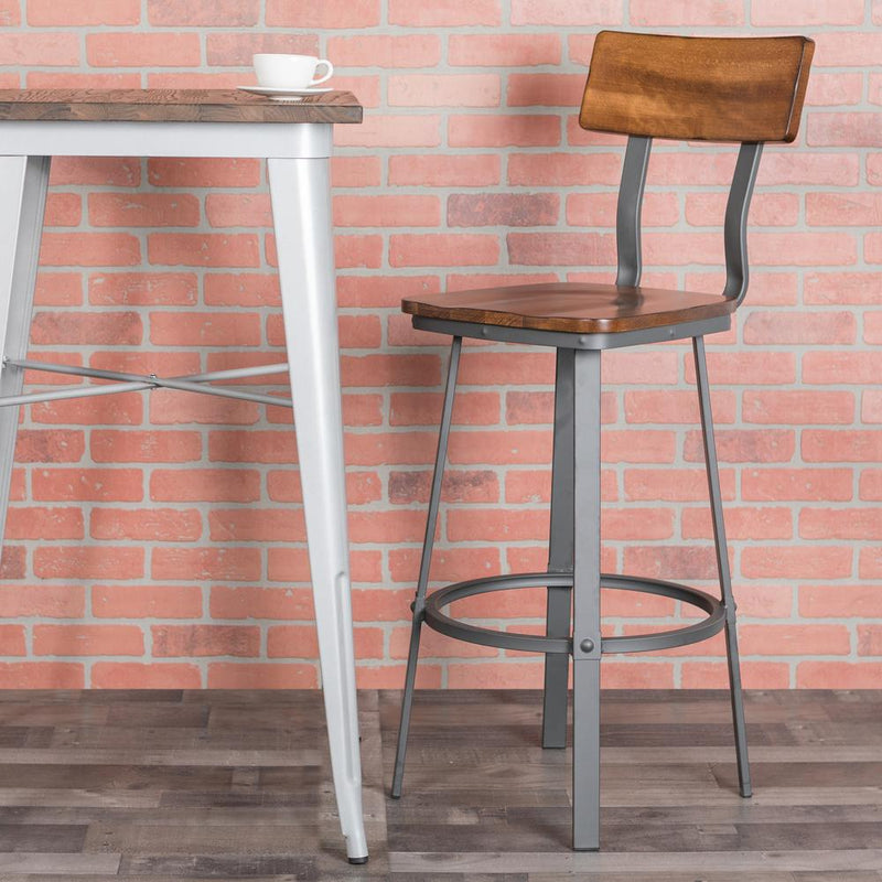 Rustic Walnut Restaurant Barstool & Back and Gray Powder Coat Frame