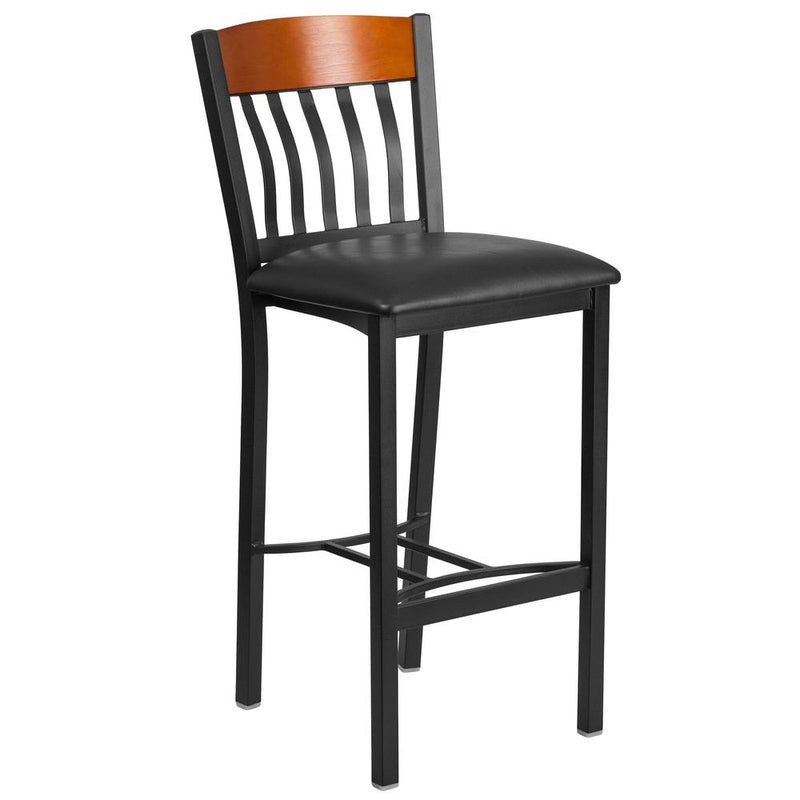 Vertical Back Black Metal and Cherry Wood Restaurant Barstool