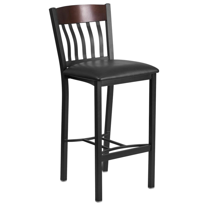 Vertical Back Black Metal and Walnut Wood Restaurant Barstool