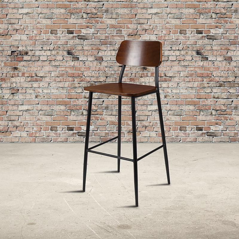 Industrial Barstool with Gunmetal Steel Frame and Rustic Wood Seat