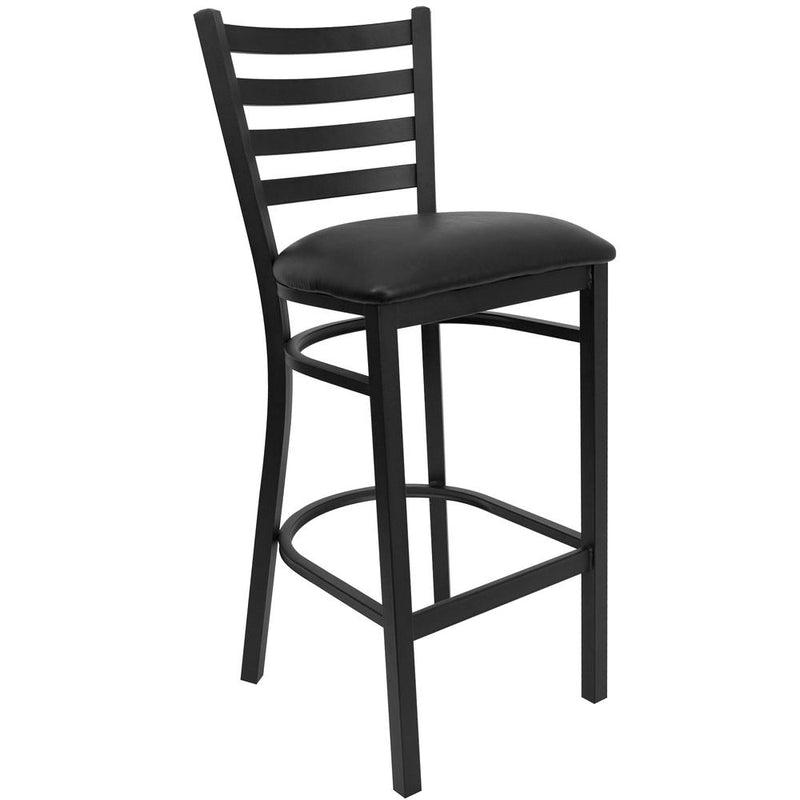 Black Ladder Back Metal Restaurant Barstool - Black Vinyl Seat