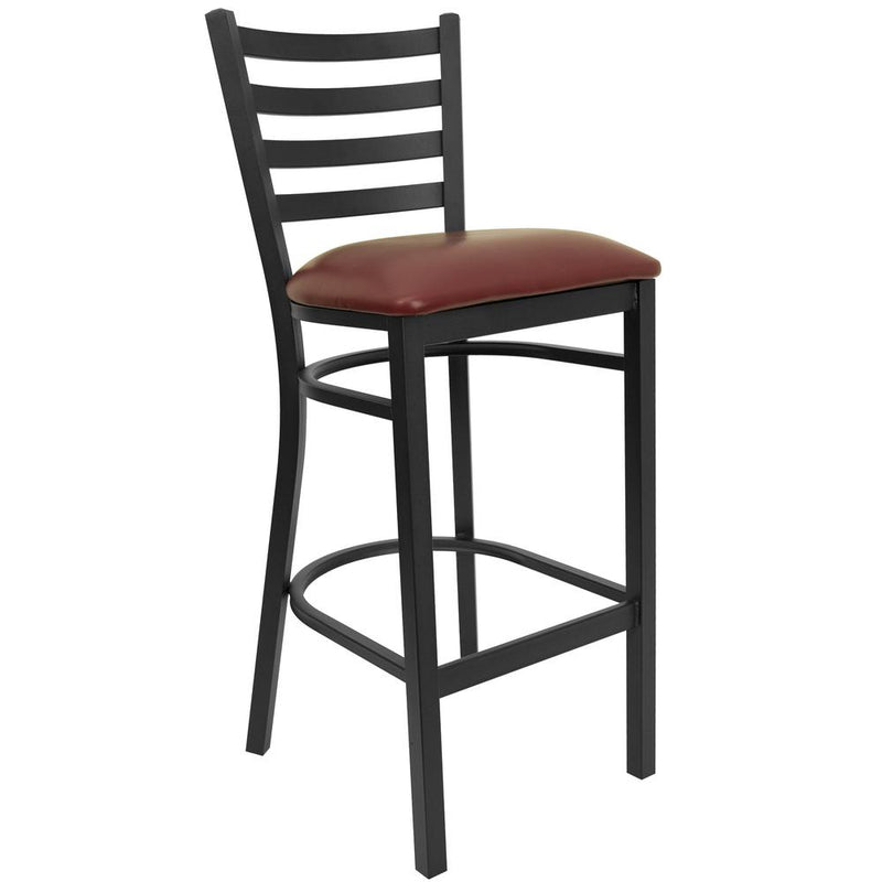 Black Ladder Back Metal Restaurant Barstool - Burgundy Vinyl Seat