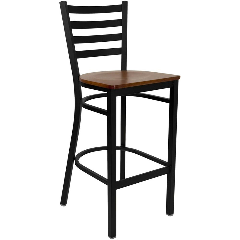 Black Ladder Back Metal Restaurant Barstool - Cherry Wood Seat