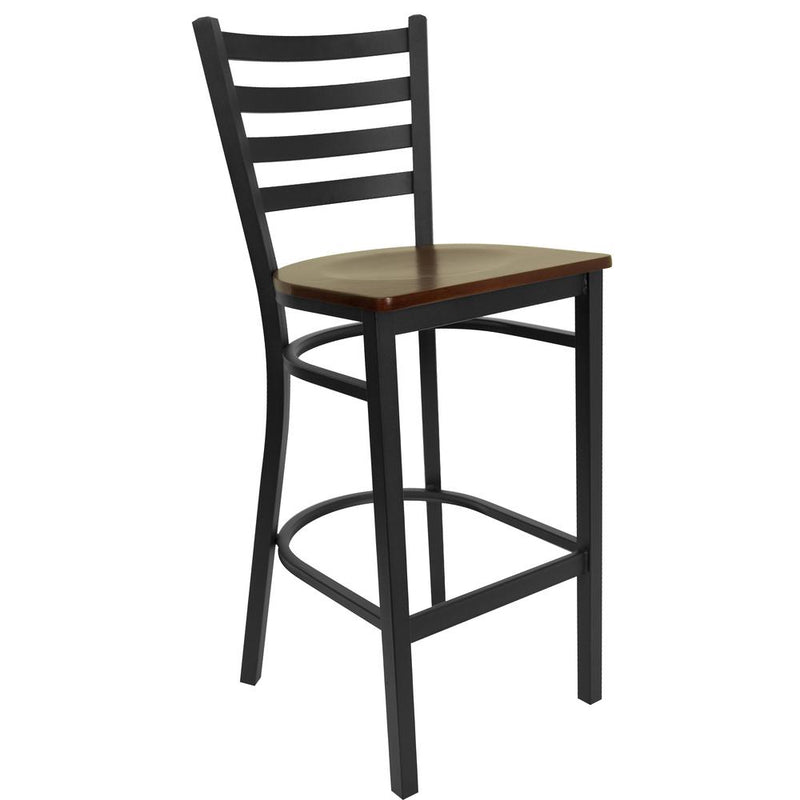 Black Ladder Back Metal Restaurant Barstool - Mahogany Wood Seat