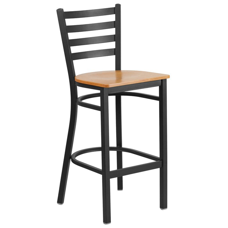 Black Ladder Back Metal Restaurant Barstool - Natural Wood Seat