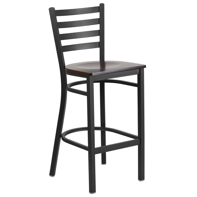 Black Ladder Back Metal Restaurant Barstool - Walnut Wood Seat