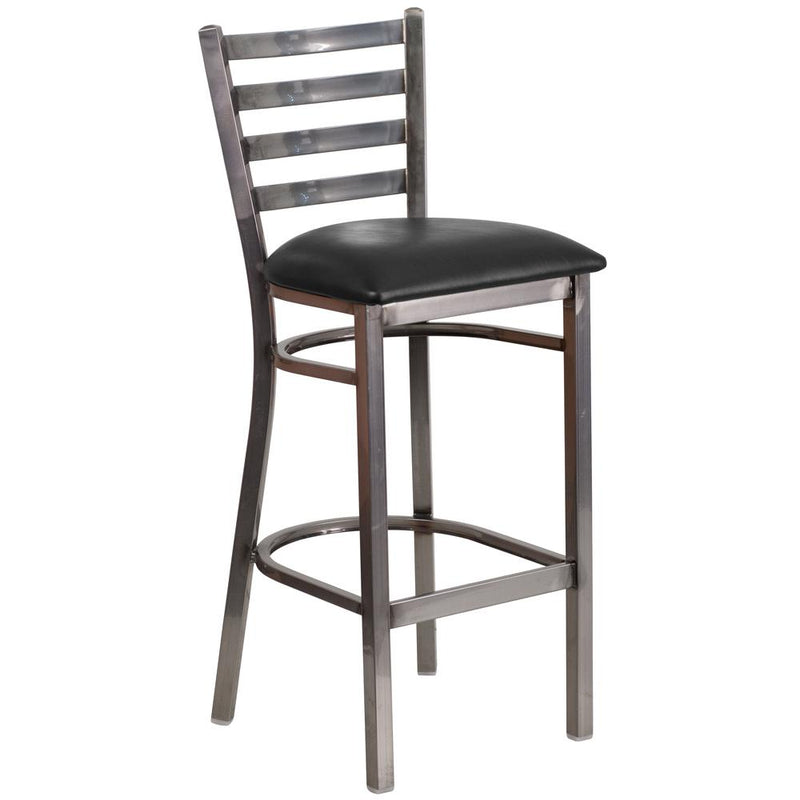 Clear Coated Ladder Back Metal Restaurant Barstool - Black Vinyl Seat