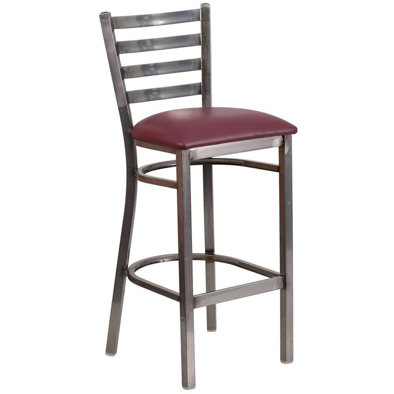 Clear Coated Ladder Back Metal Restaurant Barstool - Burgundy Vinyl Seat