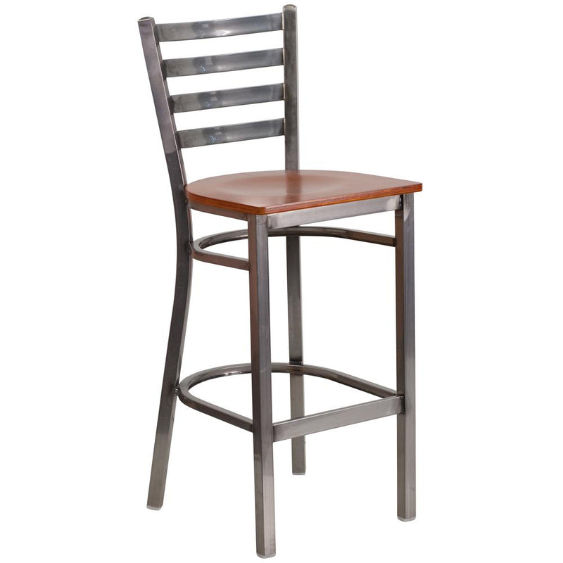 Clear Coated Ladder Back Metal Restaurant Barstool - Cherry Wood Seat