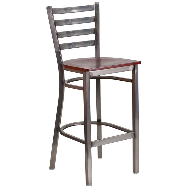 Clear Coated Ladder Back Metal Restaurant Barstool - Mahogany Wood Seat