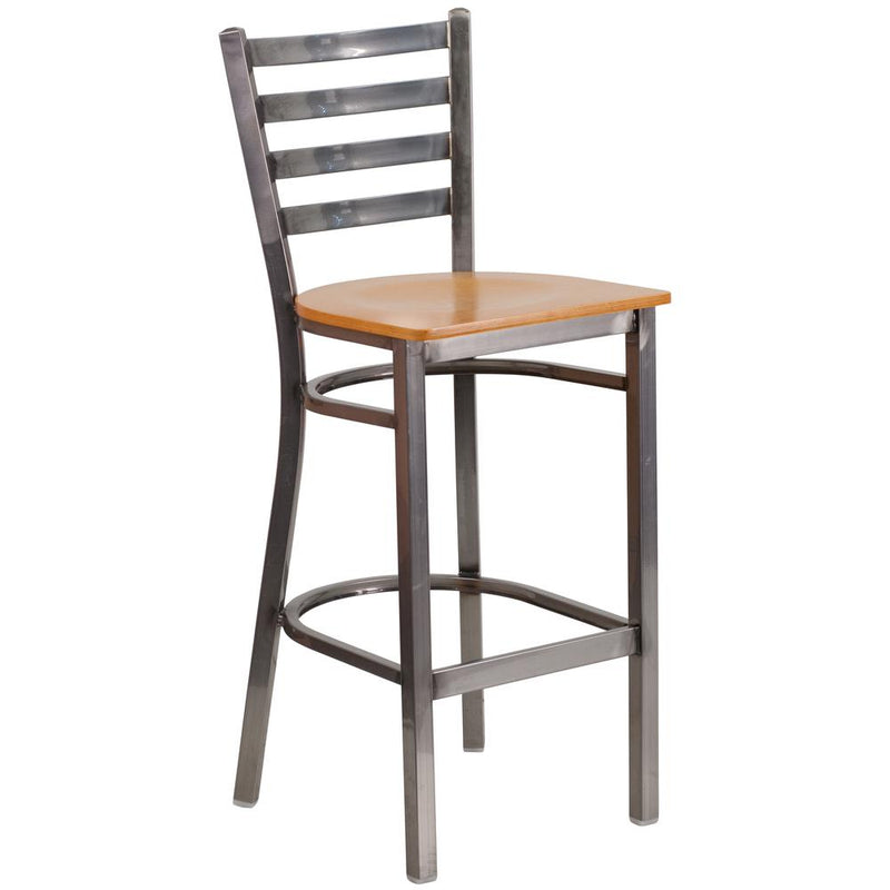 Clear Coated Ladder Back Metal Restaurant Barstool - Natural Wood Seat