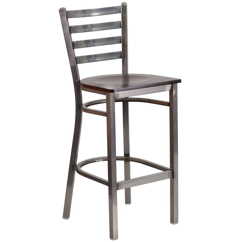 Clear Coated Ladder Back Metal Restaurant Barstool - Walnut Wood Seat